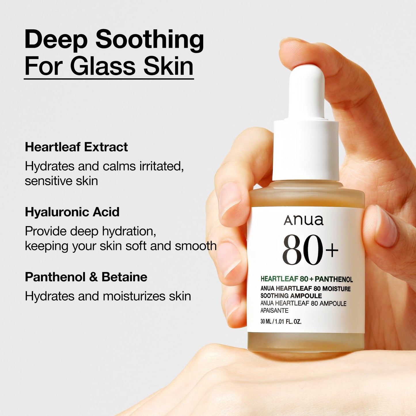 Anua Heartleaf 80 Soothing Ampoule, Hydration Facial Serum for Glass Skin, Panthenol, Hyaluronic Acid, Non-Greasy, Gentle Formula, Lightweight Essence, Vegan, Korean Skin Care, 30ml/1.01 fl.oz