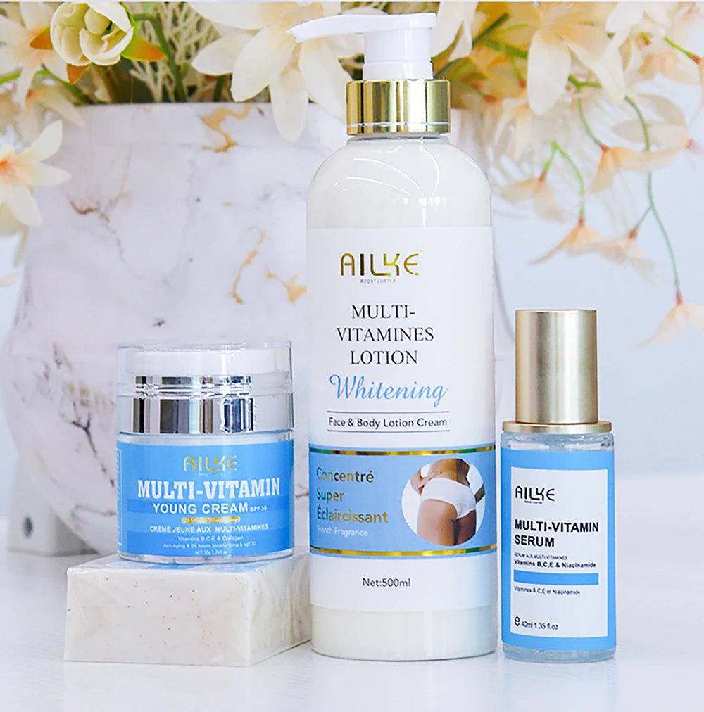 AILKE Multi-Vitamin Lightening Skin Care Set, Reduce Dark Spots, Whitening, Absorb Quickly, Moisturizes with Vitamins B/C/E