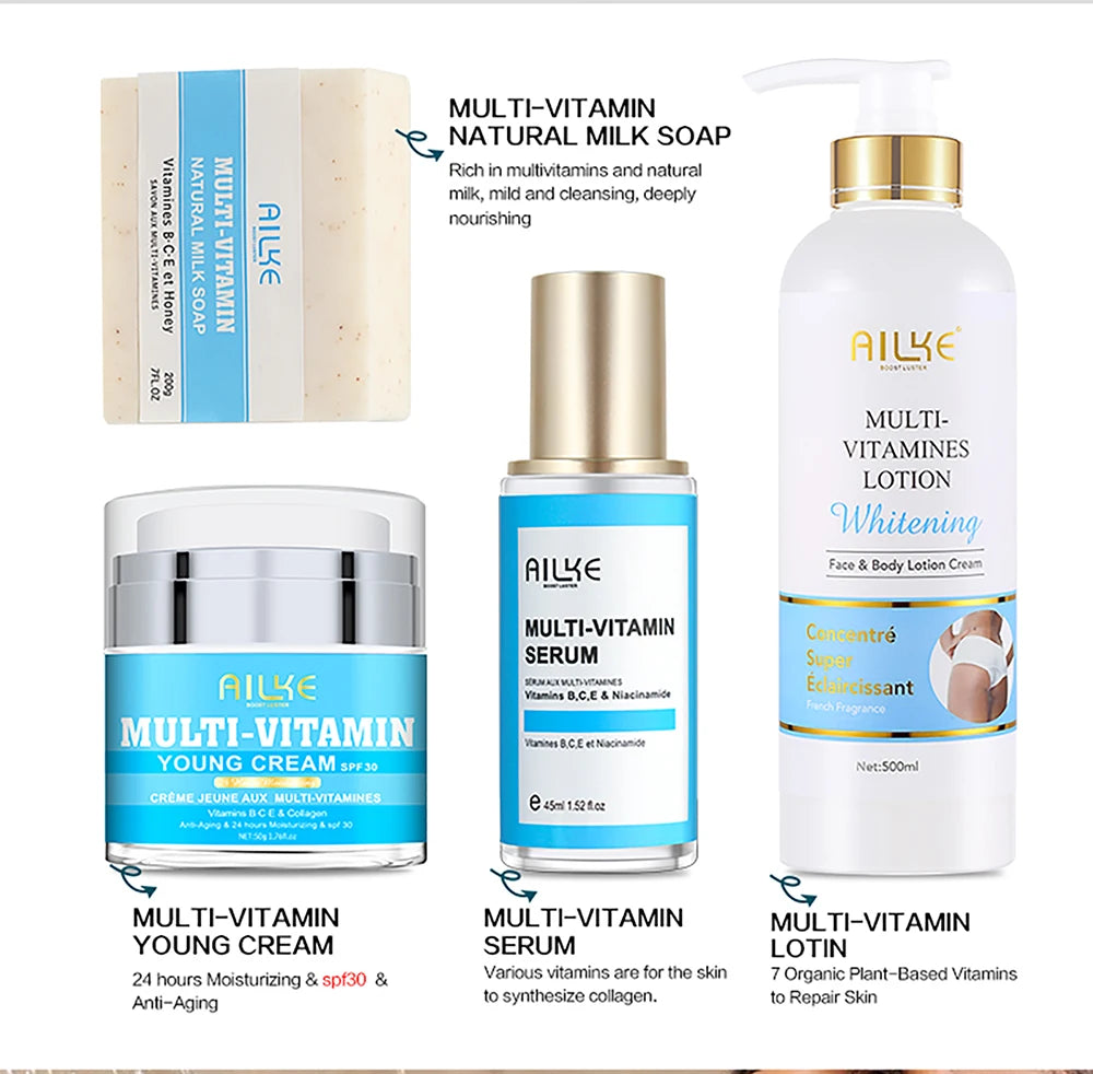 AILKE Multi-Vitamin Lightening Skin Care Set, Reduce Dark Spots, Whitening, Absorb Quickly, Moisturizes with Vitamins B/C/E