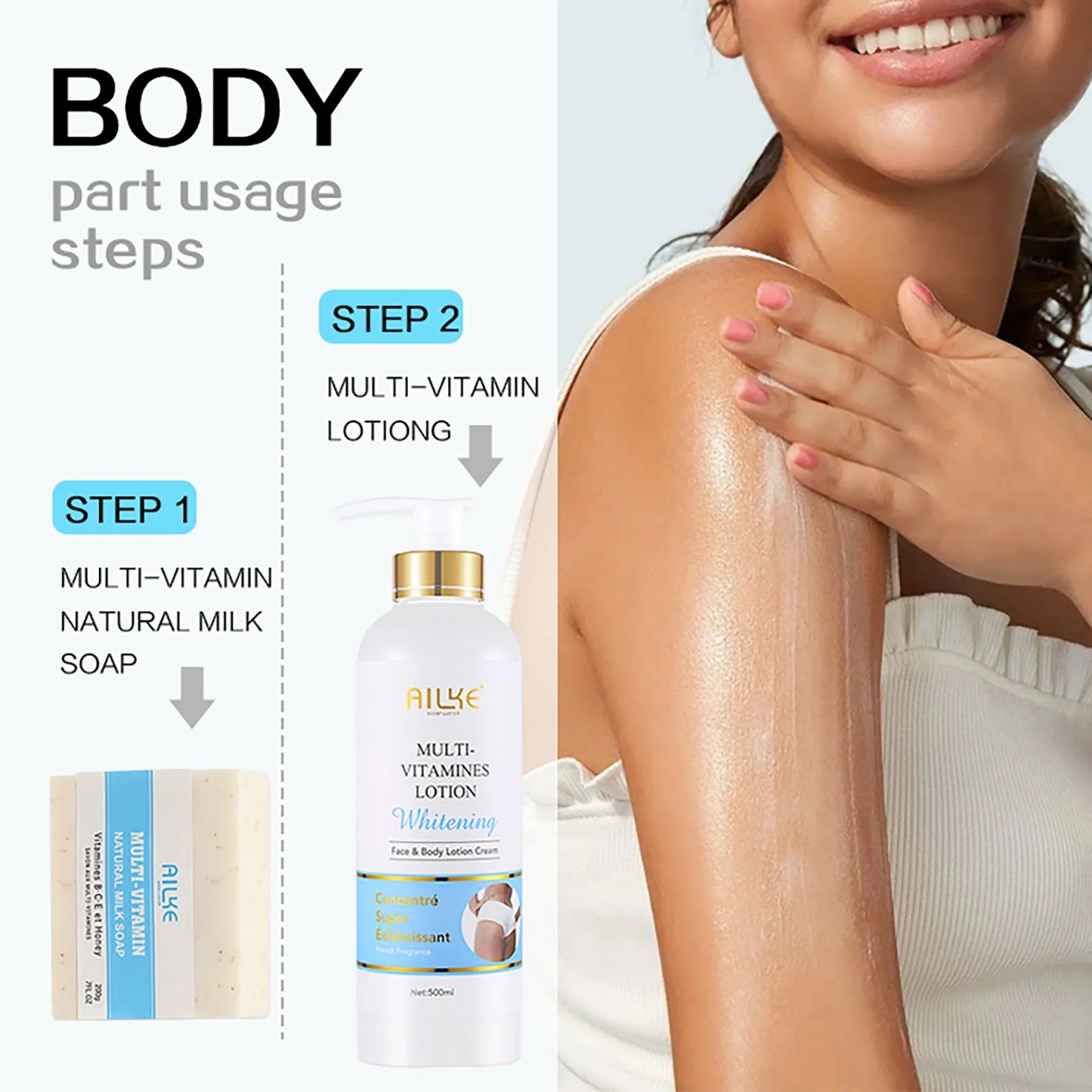 AILKE Multi-Vitamin Lightening Skin Care Set, Reduce Dark Spots, Whitening, Absorb Quickly, Moisturizes with Vitamins B/C/E