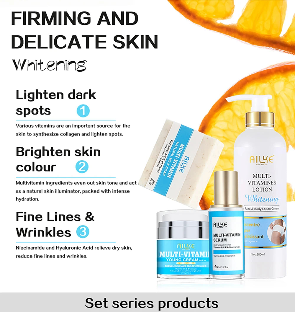AILKE Multi-Vitamin Lightening Skin Care Set, Reduce Dark Spots, Whitening, Absorb Quickly, Moisturizes with Vitamins B/C/E