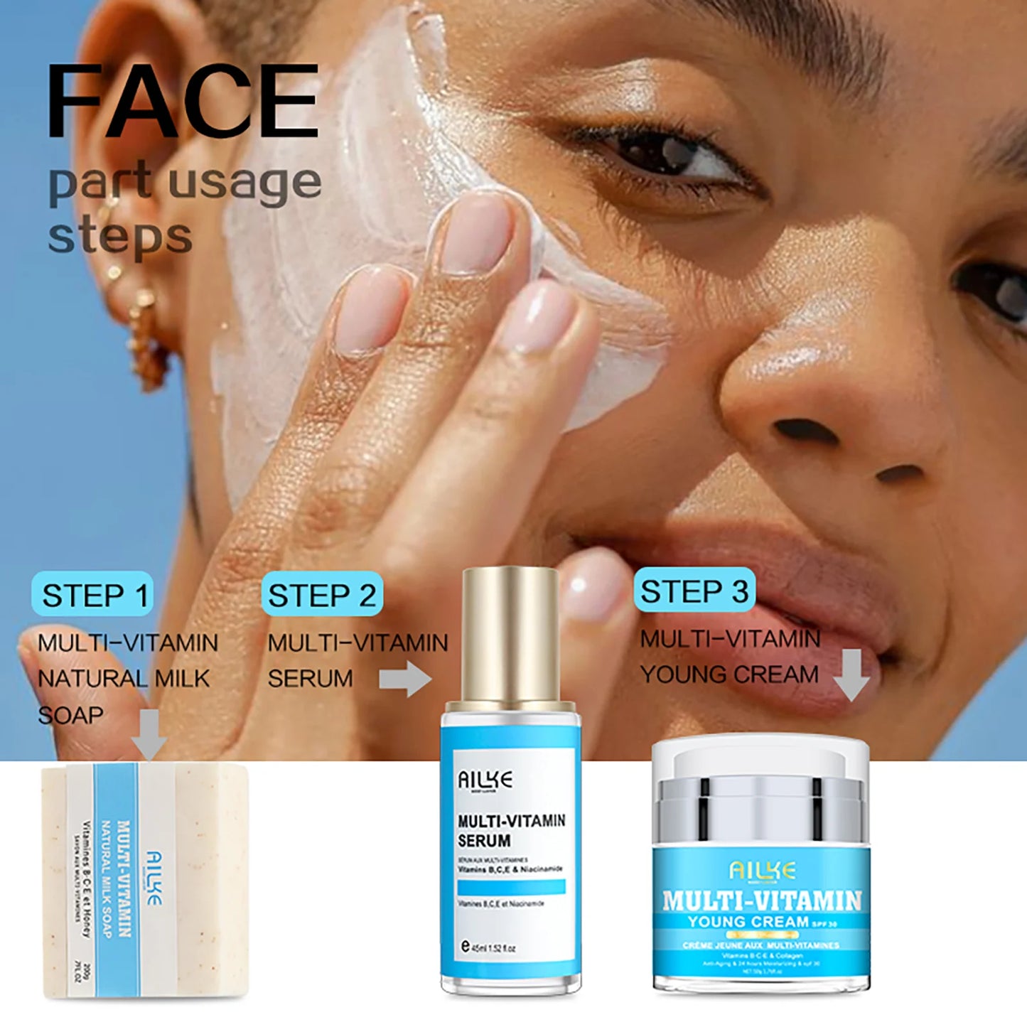 AILKE Multi-Vitamin Lightening Skin Care Set, Reduce Dark Spots, Whitening, Absorb Quickly, Moisturizes with Vitamins B/C/E
