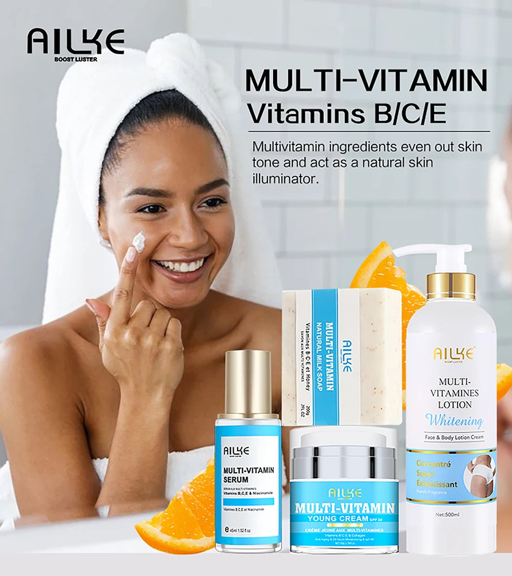 AILKE Multi-Vitamin Lightening Skin Care Set, Reduce Dark Spots, Whitening, Absorb Quickly, Moisturizes with Vitamins B/C/E