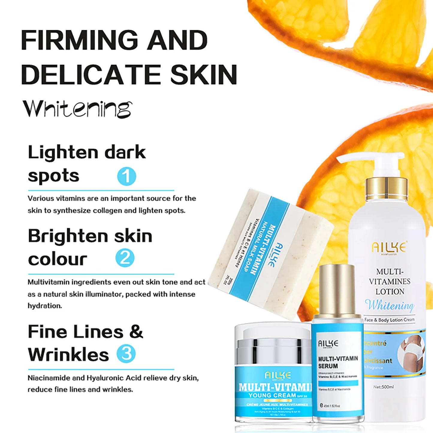 AILKE Multi-Vitamin Lightening Skin Care Set, Reduce Dark Spots, Whitening, Absorb Quickly, Moisturizes with Vitamins B/C/E