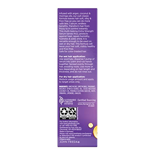 John Frieda Frizz Ease Extra Strength Hair Serum, Instantly Smooths for Healthy, Hydrated, Frizz-Free Hair, for Thick and Coarse Hair, with Argan, Coconut, and Moringa Oil for Heat Protection, 1.69 Oz