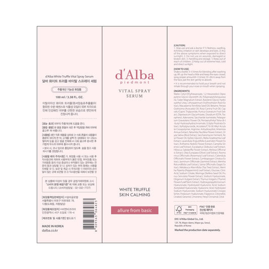 d'alba Piedmont Italian White Truffle Vital Spray Serum, Vegan Skin Care, Calming and Hydrating Facial Mist for Red and Sensitive Skin, Glow Serum, Surfactant Free, All in One, Korean Skin Care